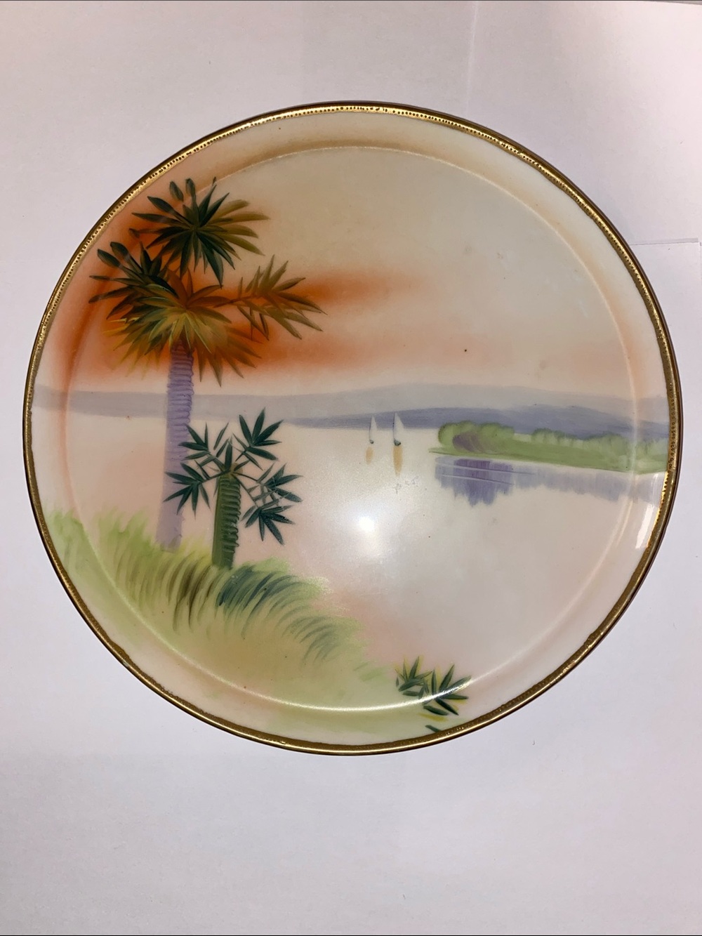 Nippon Antique Hand Painted Plate • Sailboats at Sunset • Moriage Detailing